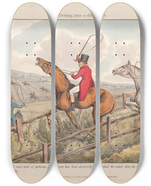 Triptych art skateboard deck of Henry Thomas Alken Foxhunting Some Do And Some Dont It Is All A Notion Getting Into A Difficulty by Henry Thomas Alken (1785-1851)
