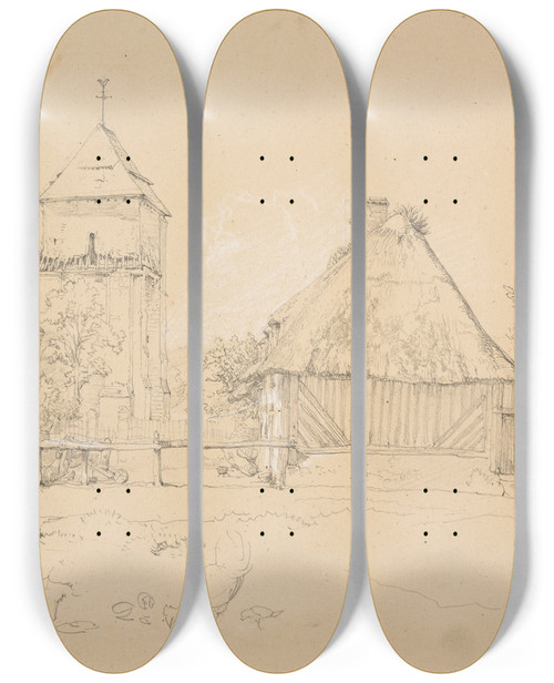 Triptych art skateboard deck of Jacquesraymond Brascassat Vue De Touques by Jacques Raymond Brascassat (1804-1867)