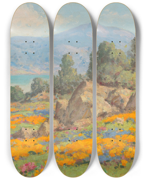 Triptych art skateboard deck of William Franklin Jackson Coastal View With Poppies And Lupine by William Franklin Jackson (1850-1936)
