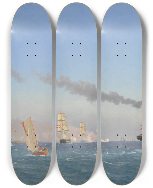 Triptych art skateboard deck of Christoffer Wilhelm Eckersberg Christian Viii Aboard His Steamship Gir Watching The Manoeuvres Of A Squadron Near Copenhagen by Christoffer Wilhelm Eckersberg (1783-1853)