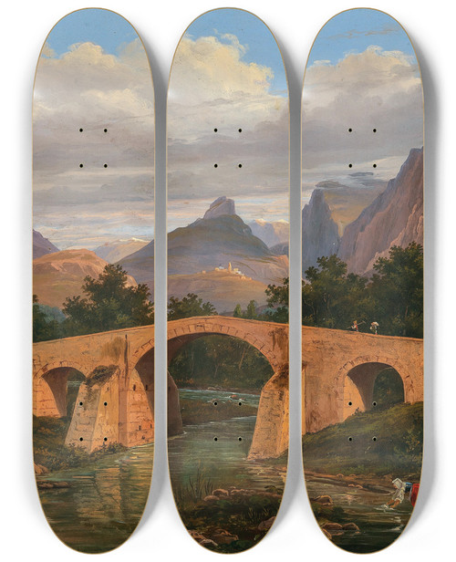 Triptych art skateboard deck of Eugne Von Gurard Ponte Di Battipaglia Tra Salerno E Presso R Di Napoli by Eugene Von Guerard (1811-1901)
