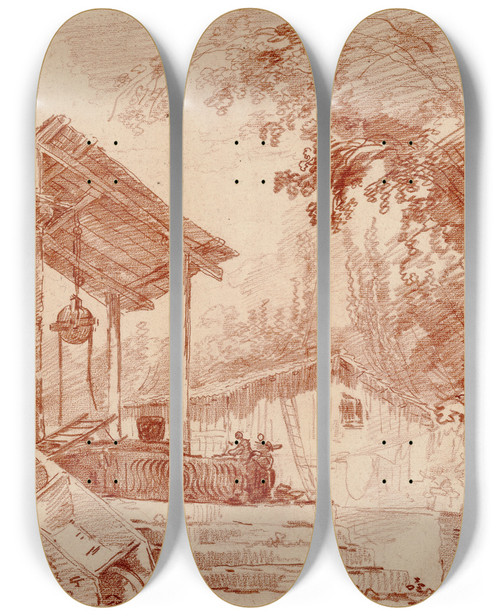 Triptych art skateboard deck of Hubert Robert Farmyard With Two Figures By A Well And A Large Wheelbarrow In The Foreground by Hubert Robert (1733-1808)