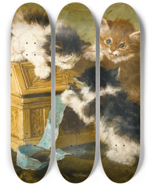 Triptych art skateboard deck of Henritte Ronnerknip Three Kittens With A Casket And Blue Ribbon by Henritte Ronner-Knip (1821-1909)