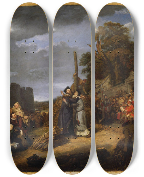 Triptych art skateboard deck of Sir George Hayter The Martyrdom Of Ridley And Latimer by Sir George Hayter (1792-1871)