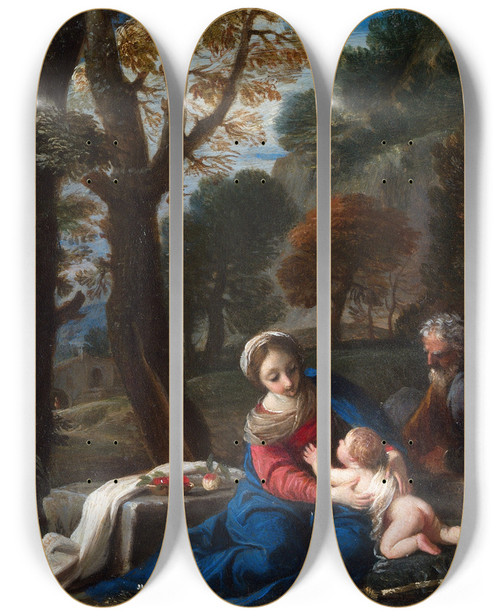 Triptych art skateboard deck of Pier Francesco Mola The Rest On The Flight Into Egypt by Pier Francesco Mola (1612-1666)