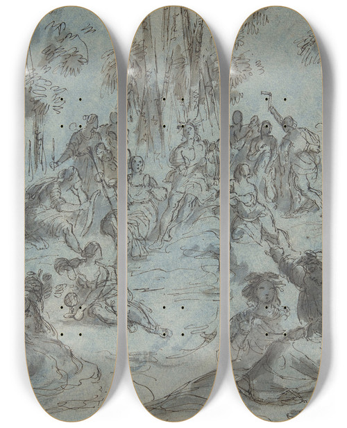 Triptych art skateboard deck of Karel Krta Apollo And The Nine Muses Surrounded By Poets On Mount Parnassus by Karel Skreta (1610-1674)