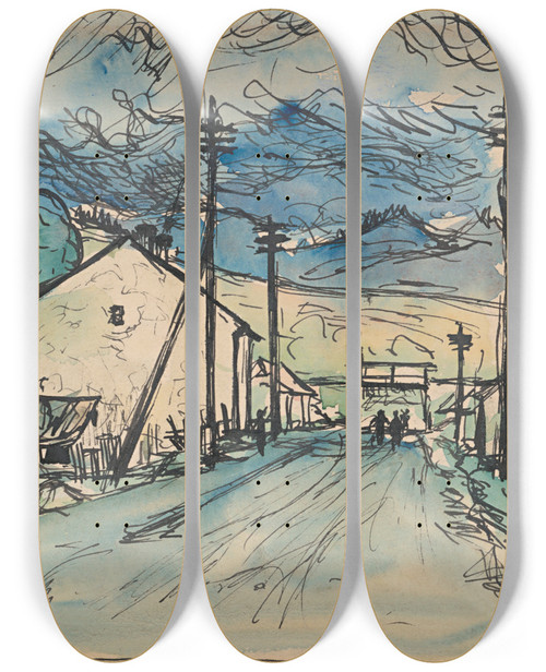 Triptych art skateboard deck of Arnold Peter Weiszkubnan Sad Man In The Village by Arnold Peter Weisz-Kubnan (1898-1944)