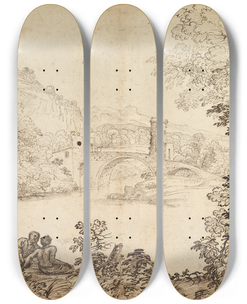 Triptych art skateboard deck of Giovanni Francesco Grimaldi Landscape With A Bridge And Two Figures by Giovanni Francesco Grimaldi (1606-1680)