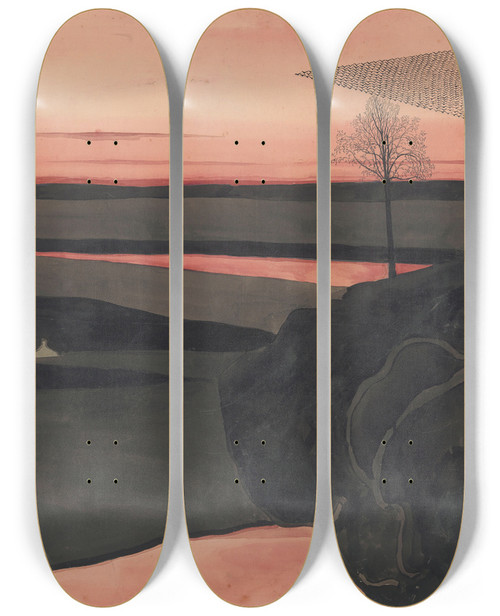 Triptych art skateboard deck of Lon Spilliaert Landscape Under A Red Evening Glow With Migratory Birds by Leon Spilliaert (1881-1946)