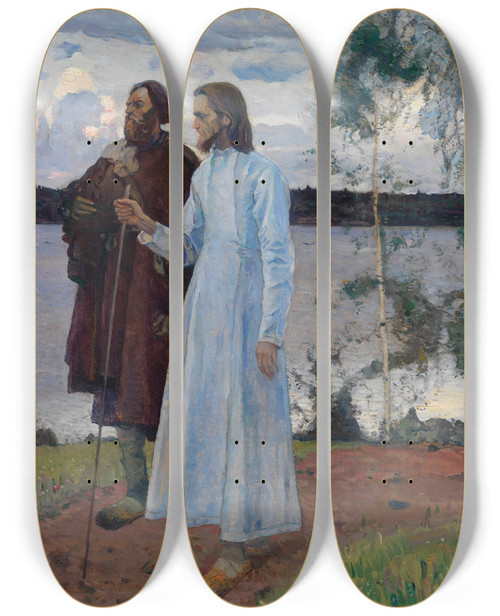 Triptych art skateboard deck of Mikhail Nesterov Wayfarers Beyond The Volga by Mikhail Nesterov (1862-1942)