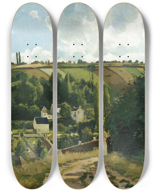 Triptych art skateboard deck of Camille Pissarro Jalais Hill Pontoise by Camille Pissarro (1830-1903)