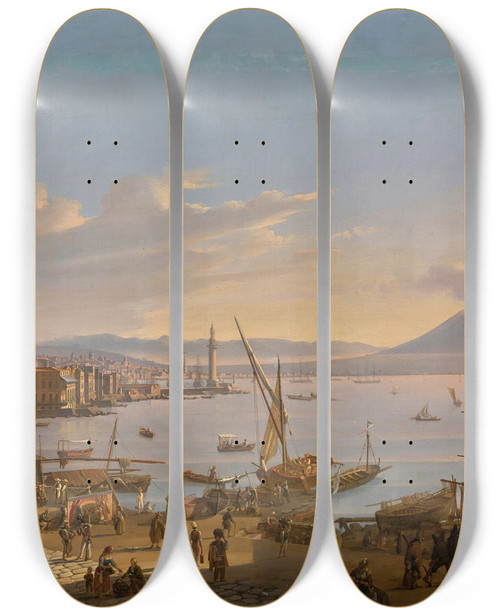 Triptych art skateboard deck of Frans Vervloet View Of Naples With The Lighthouse Vesuvius Beyond by Frans Vervloet (1795-1872)