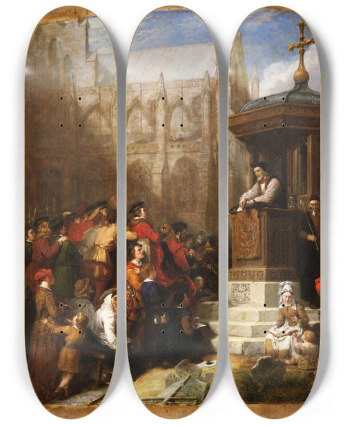 Triptych art skateboard deck of Sir George Hayter Latimer Preaching At Pauls Cross by Sir George Hayter (1792-1871)
