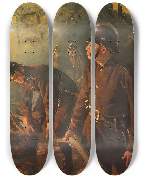 Triptych art skateboard deck of Erik Henningsen Kamp Mod Ilden by Erik Henningsen (1855-1930)