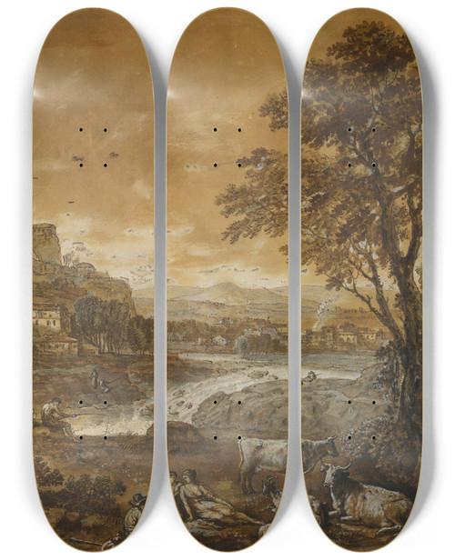 Triptych art skateboard deck of Francesco Zuccarelli A Landscape With Shepherds Resting Under A Tree By A Cascade by Francesco Zuccarelli (1702-1788)
