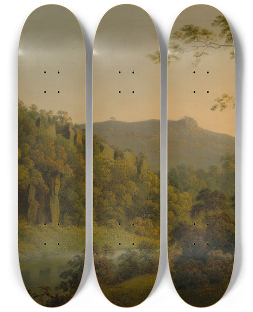 Triptych art skateboard deck of Joseph Wright Of Derby Matlock Dale Looking Toward Black Rock Escarpment by Joseph Wright Of Derby (1734-1797)