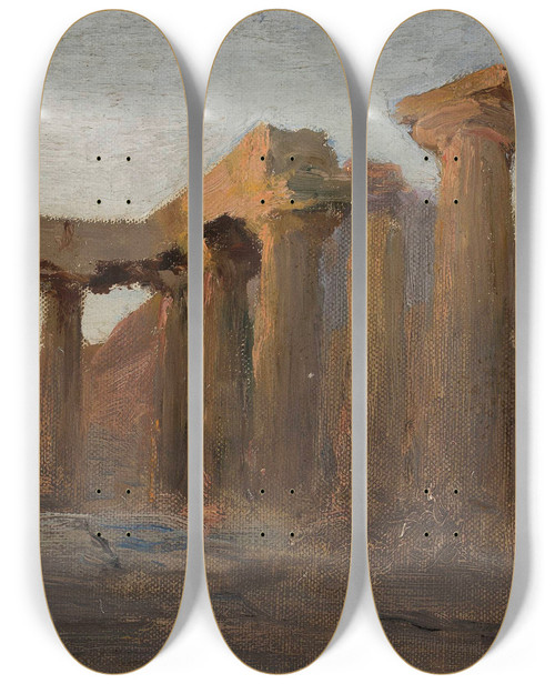 Triptych art skateboard deck of Jan Cigliski Temple Of Apollo In Corinth At Sunrise From The Journey To Greece by Jan Ciaglinski (1858-1913)