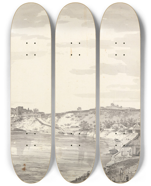 Triptych art skateboard deck of William Hodges Original Drawings For Choix De Vues De Linde And Others Pl17 by William Hodges (1744-1797)