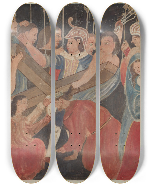 Triptych art skateboard deck of Geoffrey Holt Station Of The Cross No 6 Veronica Rendersservice To Jesus by Geoffrey Holt (20-)