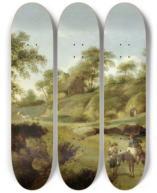 Triptych art skateboard deck of Jan Van Der Heyden On A Country Road by Jan van der Heyden (1637-1712)