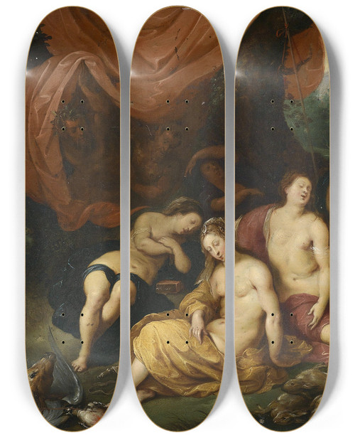 Triptych art skateboard deck of Jan Brueghel The Younger Diana En Haar Nimfen Na De Jacht by Jan Brueghel the Younger (1601-1678)