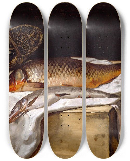 Triptych art skateboard deck of Frdric Bazille Still Life With Fish by Frederic Bazille (1841-1870)