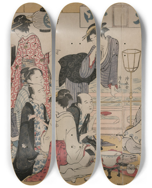 Triptych art skateboard deck of Torii Kiyonaga Entertainment On A Balcony By The Water At Nakasu From The Series A Collection Of Beautiful Modern Women Of The Pleasure Quarters by Torii Kiyonaga (1752-1815)