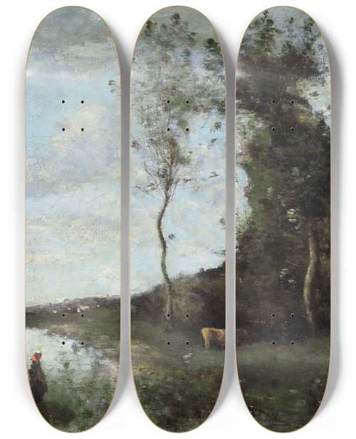 Triptych art skateboard deck of Jeanbaptistecamille Corot Une Paysanne Et Sa Vache La Mare En Vue Dun Village by Jean-Baptiste-Camille Corot (1796-1875)