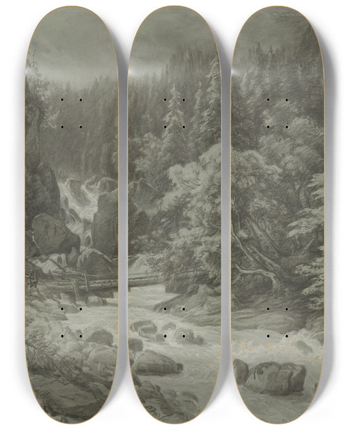 Triptych art skateboard deck of Eduard Wilhelm Pose Wildbach In Tirol Mit Einer Brcke by Eduard Wilhelm Pose (1812-1878)