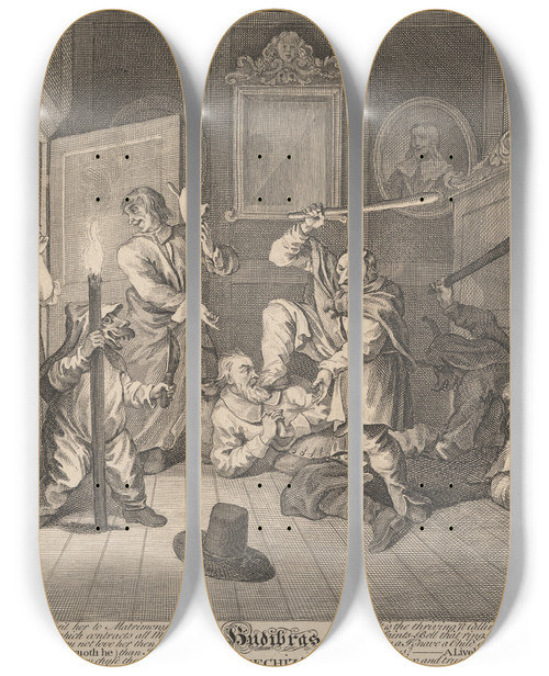 Triptych art skateboard deck of William Hogarth Hudibras Catechizd No9 by William Hogarth (1697-1764)