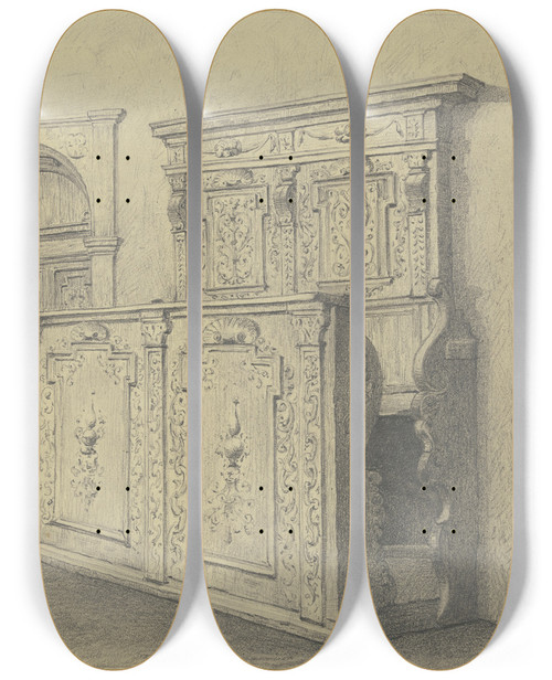 Triptych art skateboard deck of Hermann Kruse Kirchgesthl In Einer Tiroler Kirche July 1888 by Hermann Kruse