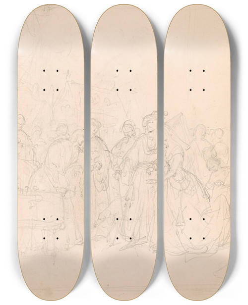 Triptych art skateboard deck of Nicaise De Keyser Maximilian I Holy Roman Emperor And Mary Of Burgundy Visiting The Painter Hans Memling At The Hostpital In Bruges_2 by Nicaise De Keyser (1813-1887)