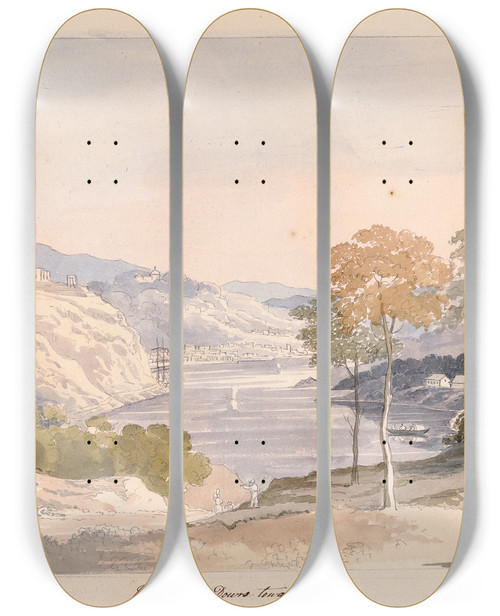 Triptych art skateboard deck of Charles Hamilton Smith View Of The Douro Towards Porto by Charles Hamilton Smith (1776-1859)