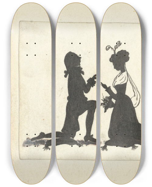 Triptych art skateboard deck of Nelly Bodenheim Silhouetten Van Een Man Knielend Voor Een Vrouw by Nelly Bodenheim (1874-1951)