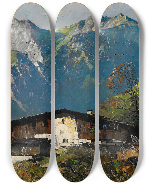 Triptych art skateboard deck of Oskar Mulley Vinschgauer Bergbauernhof by Oskar Mulley (1891-1949)