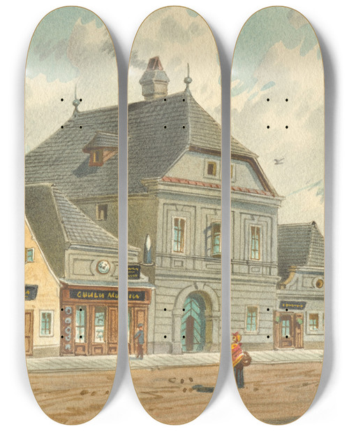 Triptych art skateboard deck of Franz Gerasch Das Einstige Jagdschloss Der Kaiserin Maria Theresia In Der Erdbergstrae 109 In Wien by Franz Gerasch (1826-1906)