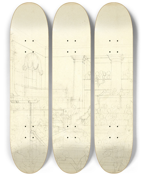 Triptych art skateboard deck of Augustus Charles Pugin Study For Old Bailey From Microcosm Of London by Augustus Charles Pugin (1762-1832)