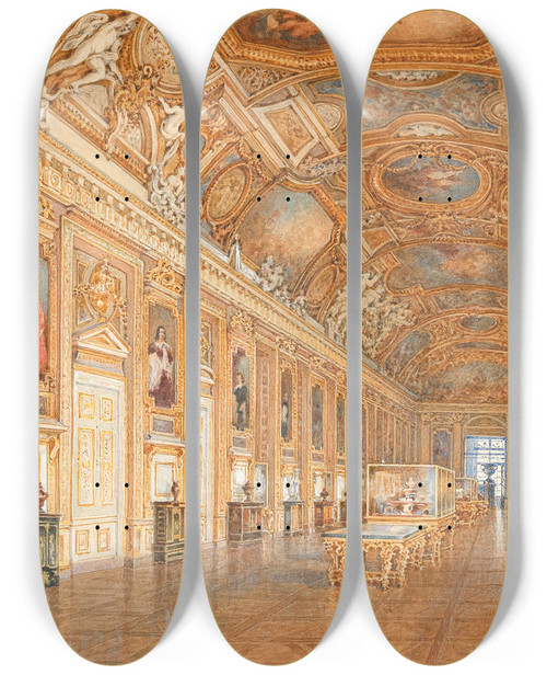 Triptych art skateboard deck of Franz Alt Galerie Dapollon In The Louvre Paris by Franz Alt (1821-1914)