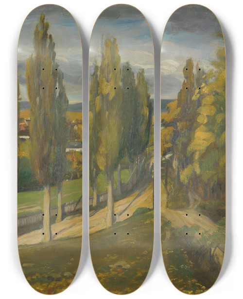 Triptych art skateboard deck of Jozef Hanula The Outskirts Of Spisk Nov Ves by Jozef Hanula (1863-1944)