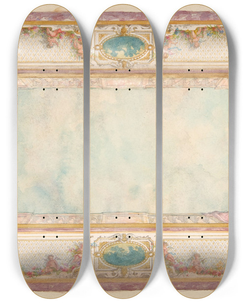 Triptych art skateboard deck of Julesedmondcharles Lachaise Design For A Ceiling With Trompe Loeil Balustrade And Putti by Jules-Edmond-Charles Lachaise (1897)