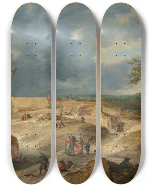 Triptych art skateboard deck of Flemish School A Landscape With Peasants Building A Village by Flemish School