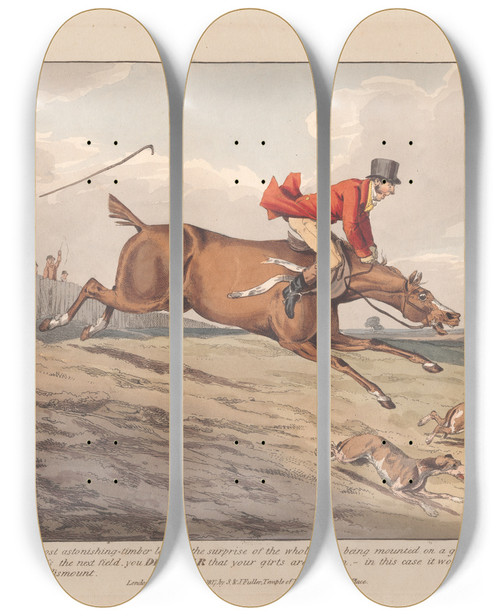 Triptych art skateboard deck of Henry Thomas Alken Hunting Discoveries Discover That Your Girts Are Broken by Henry Thomas Alken (1785-1851)