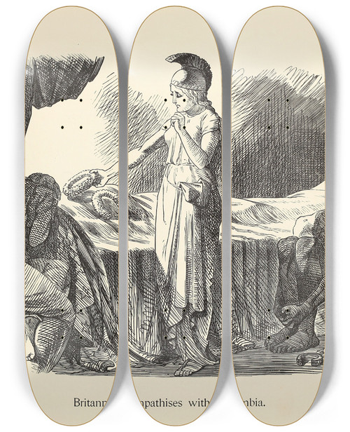Triptych art skateboard deck of Sir John Tenniel Britannia Sympathises With Columbia by Sir John Tenniel (1820-1914)