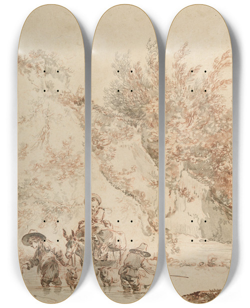 Triptych art skateboard deck of Jeanbaptiste Le Prince Landscape With Peasants Fording A Stream by Jean-Baptiste Le Prince (1734-1781)