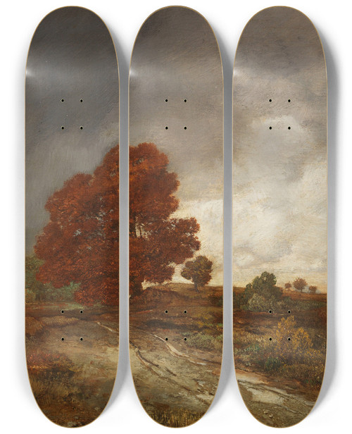 Triptych art skateboard deck of Toni Von Stadler Herbstlandschaft by Toni Von Stadler (1850-1917)