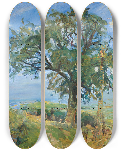 Triptych art skateboard deck of Max Slevogt Fruit Harvest In The Palatinate The Pear Tree by Max Slevogt (1868-1932)
