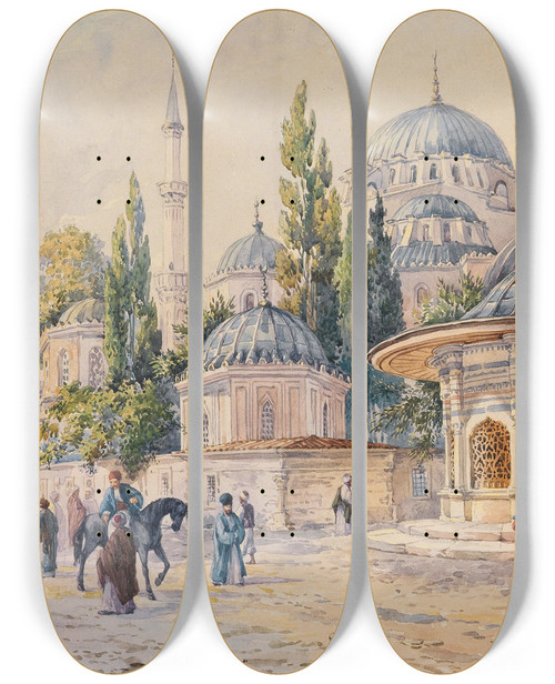 Triptych art skateboard deck of Ludwig Hans Fischer The Sehzade Mosque In Laleli Istanbul by Ludwig Hans Fischer (1848-1915)