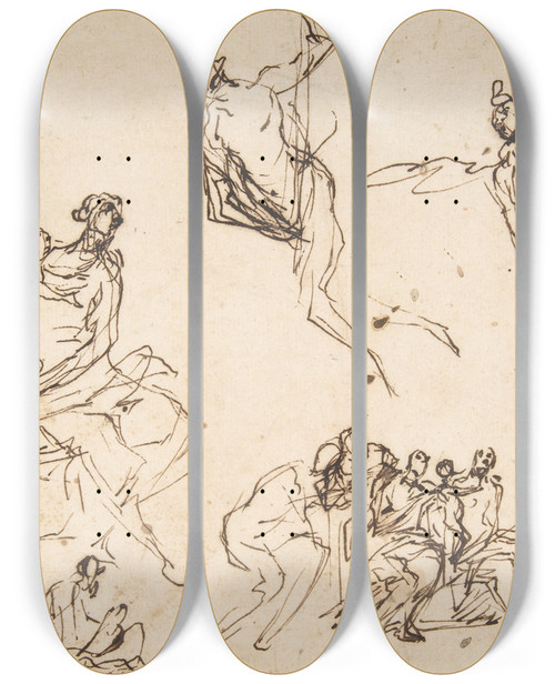 Triptych art skateboard deck of Domenico Gargiulo Studies Of A Group Of Seated Figures And Of A Flying Figure by Domenico Gargiulo (1609-1675)