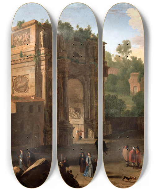 Triptych art skateboard deck of Herman Van Swanevelt The Arch Of Constantine Rome by Herman Van Swanevelt (1600-1655)