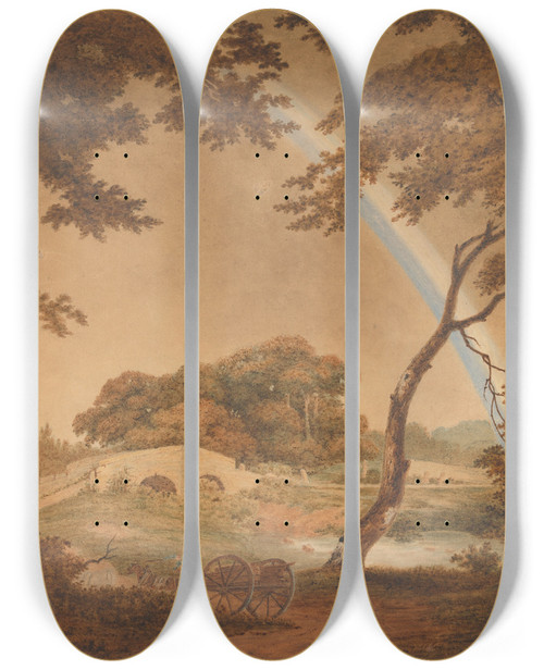 Triptych art skateboard deck of Joseph Wright Of Derby Landscape With Rainbow View Near Chesterfield by Joseph Wright Of Derby (1734-1797)